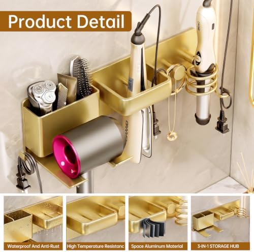 5 in 1 Hair Dryer Holder Hair Tool Organizer Metal Wall Mount (Gold) - Image 4