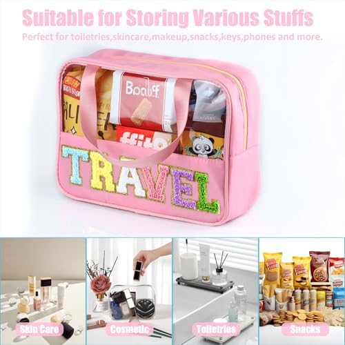 BuyCard Chenille Letter Patch Clear Travel Bags, Preppy PVC&Nylon Makeup Bag with Handle and Zipper, Waterproof Large Clear Travel Toiletry Bag Storage Bag for Women Girls(Pink) - Image 4