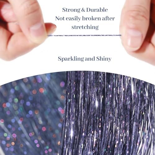 Hair Tinsel 8 Packs 1600 Strands 50 Inch Tinsel Hair Extensions Heat Resistant Glitter Sparkling Shiny Fairy Hair Accessories for Women(Dark gray, 50Inch) - Image 2