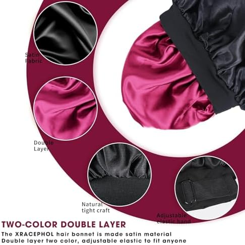 2PCS Bonnets for Sleeping Double Layer Satin Silk Bonnet for Sleeping Women Adjustable Sleep Cap Elastic Wide Band Hair Bonnet for Curly Hair（Wine+Leopard） - Image 2