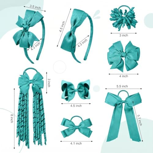 DEEKA Teal School Hair Accessories Set 13 Pcs Uniform Bow Headband Clips Hair Ties Curly Korker Bows for Little Toddler School Girls (Teal) - Image 6