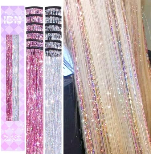 IDN BEAUTY Hair Tinsel Clip In Mixed Pink Silver Sparkle Hair Extensions 24 Inch 12pcs by IDNBEAUTY