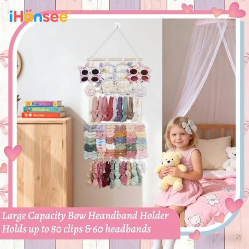 Headband Holder Hair Bow Organizer for Girls W/ 20 Hooks, 8 Ribbons - Image 3