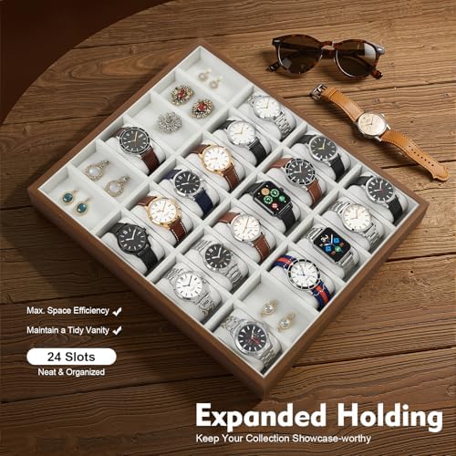 LOYALHEARTDY 24 Grid Watch Jewelry Tray Organizer Wooden Box Organizer Display Tray Watch Bracelet Display Holder with Removable Pillow for Men & Women Storage and Display - Image 3
