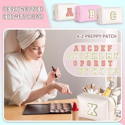 TOPEAST Birthday Gifts for Girls, Travel Makeup Bag Chenille Letter Pouch Cosmetic Bag, Makeup Travel Organizer, Monogrammed Bridesmaid Gifts for Women, Cute Stuff for Girls (White J) - Image 3