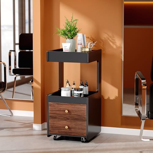 Salon Trolley Cart, Esthetician Cart with 2 Drawer & 2 Trays, 2 Lockable Wheels Hair Styling Station, Tool Organizer Storage Cabinet for Beauty Spa Barbershop, Black Walnut - Image 3