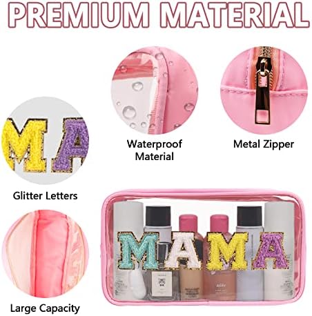 Iqimott Clear Patch Makeup Bag Mama Pouch, Preppy Personalized Chenille Letter Cosmetic Pouch for Travel, Nylon Waterproof Travel Essentials Zipper Toiletry Bags for Women Girls(MAMA, Pink) - Image 3