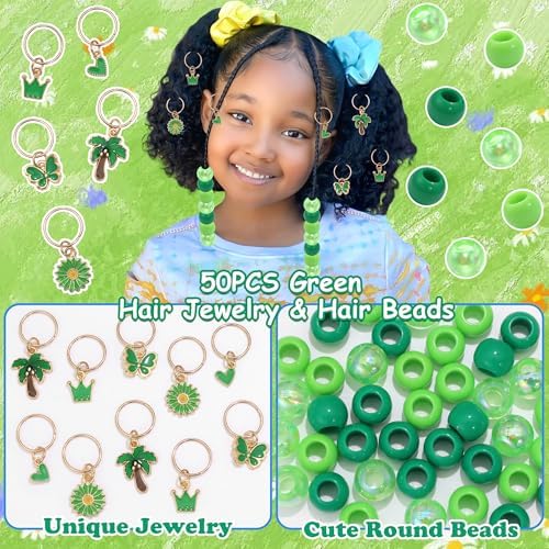 NAISKA 50PCS Green Hair Jewelry for Braids Cute Pony Beads Summer Loc Charms Daisy Flower Braids Jewelry Iridescent Dreadlock Beads 8 Styles Braids Accessories for Kids Girls - Image 2