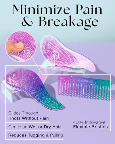 Lily England Glitter Hair Brush Set with Wide Tooth Comb for Girls, Purple - Image 3