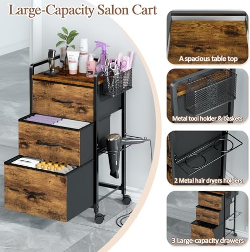 Salon Station for Hair Stylist, Rolling Salon Trolley Cart with Wheels, Beauty Barber Station with Metal Tool Holder & 3 Fabric Drawer, Mobile Storage Cabinet for Barbershop, Spa&Tattoo, Rustic Brown - Image 4