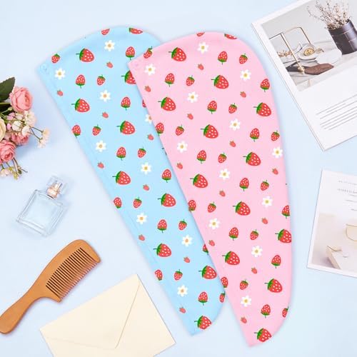 Microfiber Hair Towel Wrap for Kids 2 Pack Quick Drying Hair Towels with Button Hair Turbans for Wet Hair Absorbent Quick Dry Wraps Head Towel Wrap for Women and Girls, Pink Blue Strawberry - Image 6