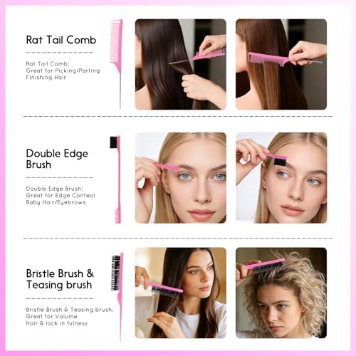 Hair Brush Set with Detangling Brush,Spray Bottle,3 Pieces Rat Tail Combs For Toddlers,Suitable for Pain-Free Brushing on All Wet or Dry Hair Types (Pink) - Image 6