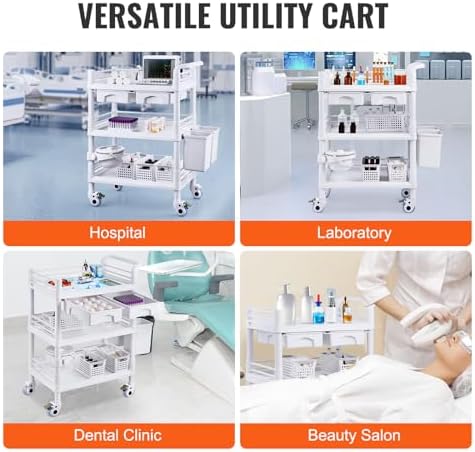 VEVOR Medical Mobile Trolley Cart with 2 Drawers & 3 Trash Cans, 3 Tiers Beauty Salon Rolling Trolley with 4 Silent Wheels & 2 Dirts Bucket & Bowl, Medical Utility Cart for Hospital Dental Clinic Lab - Image 6