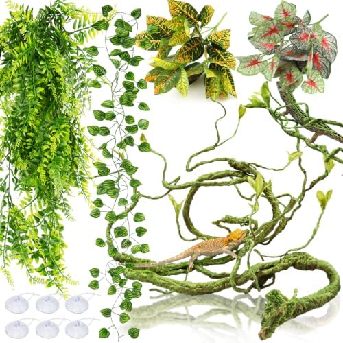 Reptile Plants, Terrarium Hanging Plant Vines Artificial Leaves Reptile Hide, Leopard Gecko Tank Accessories, Terrarium Decorations for Bearded Dragon Lizard Snake Geckos Chameleon by Unknown