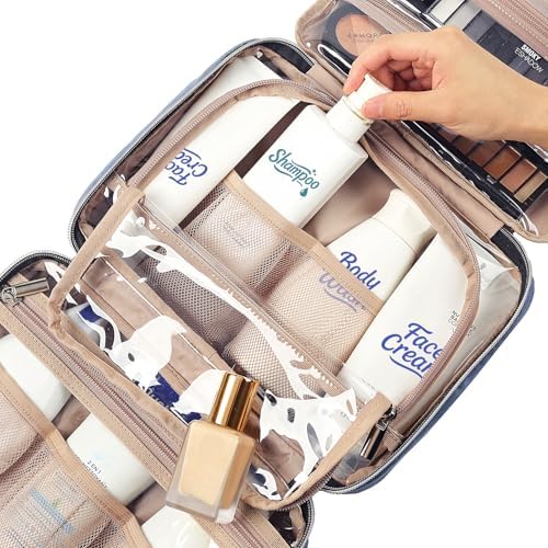 NISHEL Travel Toiletry Bag for women, Portable Hanging Organizer for Travel-Sized Shampoo, Conditioner, Brushes Set, Makeup Accessories, Medium Size, Aegean-Blue - Image 5