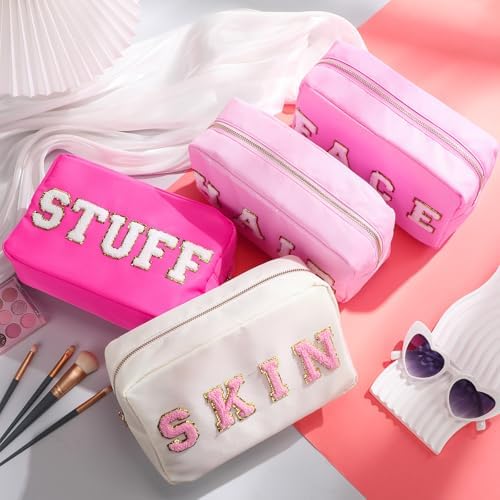 Remerry 4 Pcs Nylon Makeup Bags Waterproof Spacious Travel Cosmetic Bag for Women Chenille Letter Preppy Zipper Pouch Face Stuff Skin Hair Organizer Gift(Rose Red, Pink, Light Pink, White) - Image 3