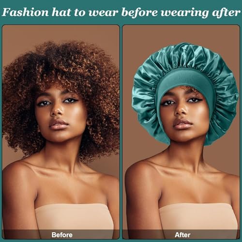 4PCS Silk Satin Bonnets for Black Women & Men - Elastic Wide Band Hair Wrap Cap for Curly Hair - Shower Cap for Sleeping (Black, Peacock Blue, Pink, Khaki) - Image 4