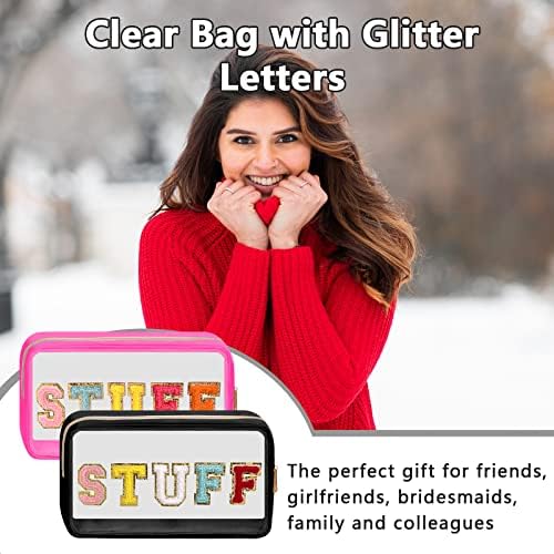 Iqimott Clear Patch Makeup Bag Stuff Pouch, Preppy Personalized Chenille Letter Cosmetic Pouch for Travel, Nylon Waterproof Organizer Travel Essentials Zipper Toiletry Bags for Women Girls(Black) - Image 5