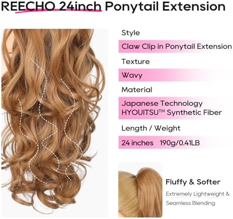 REECHO Ponytail Extension, 24" Claw Clip in Long Curly Wavy Ponytail Hair Extension Jaw Clip on Pony Tails Hairpiece for Women - Strawberry Blonde - Image 2