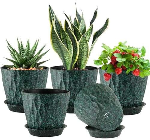 Meowell 7 inch Plant Pots for Indoor Outdoor Plants, 5 Pack Thick Flower Pots with Drainage Holes and Saucers, 3D Modern Wave Texture Plastic Planter Nursery Pots, Black with Green Speckles by Meowell