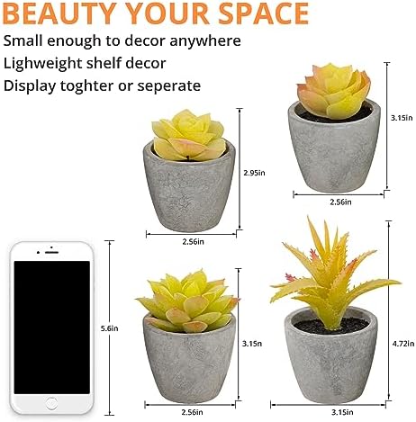 Set of 4 Small Yellow Fake Succulent Plants - Mini Artificial Succulents for Bathroom, Living Room, Office Desk, Coffee Table, Kitchen Shelves - Aesthetic Indoor Shelf Decor - Image 2