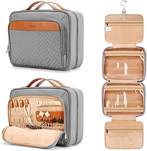 COOSKY Travel Hanging Toiletry Bag for Women, Holds Full-Size Shampoo, with Jewelry Organizer Compartment, Extra Large Makeup Bag, Waterproof Cosmetic Bag, Toiletries Kit Set with Trolley Belt, Grey by COOSKY