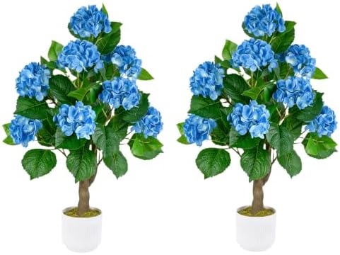Artificial Hydrangea Tree 2 Pack, 3FT Faux Hydrangea Plant in Pot with Blue Flowers, Greenery Potted Plant for Indoor Outdoor Office Home Porch Decor, Blue by Jcezvnt