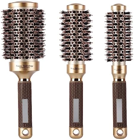3 Pcs Boar Bristle Round Brush for Blow Drying, Nano Thermal Ceramic and Ionic Tech Hair Brush for Curling and Straightening - Large，Medium and Small Round Brushes by BTYMS