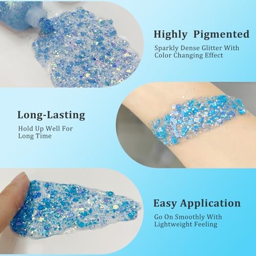 MEICOLY Chameleon Mermaid Blue Body Glitter,Chunky Face Glitter for Halloween,Color Changing Mermaid Hair Glitter Face Paint,Glitter Sequins for Face Body Hair,Festival Party Cheer Glitter Makeup - Image 4