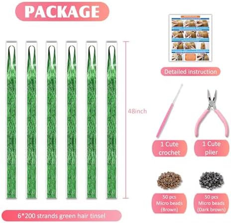 Green Hair Tinsel Kit 48 Inches 1200 Strands with Tools and Instruction Easy to Install Fairy Glitter Tinsel Hair Extensions for Women and Girls，Shinny Sparkling Braiding Hair Accessories - Image 4