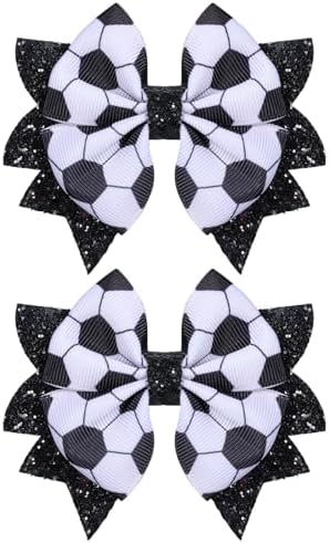 Soccer Cheer Bows Hair Clips 2pc 3.5" Glitter Black & White Football Sport Ribbon Bows for Soccer Team Moms Gifts Player Game Day Cheerleading Accessories Birthday Party Favors by KCHIES-AccessoryCollection