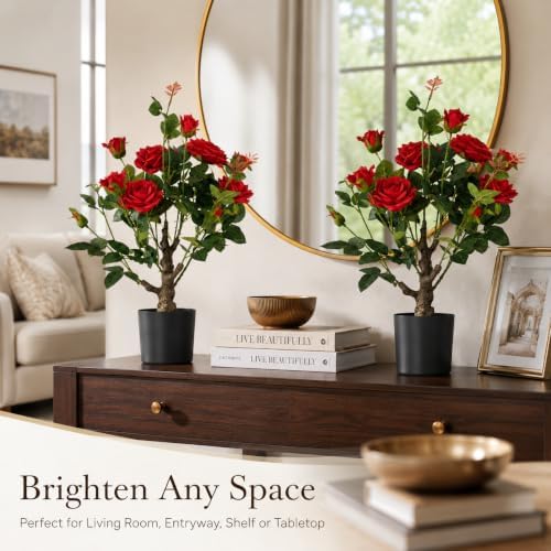 24’’ Artificial Rose Tree, 2 Pack Faux Rose Plants with Red Flowers and Green Leaves, 2FT Silk Potted Tree for Indoor Outdoor Home Office Porch Garden Decor, Red - Image 4