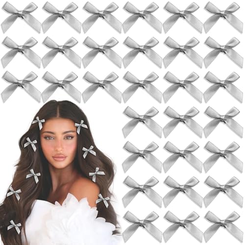 30PCS Grey Mini Bow Hair Clips - Satin Small Bows Non-Slip Barrettes - Silver Y2K Accessories for Women by YAEISM