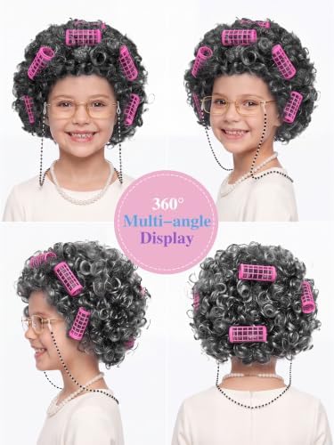 URATOT 5 Pieces Halloween Old Lady Wig Costume Set Grandma Wig Hair Rollers Glasses Chain Necklace Bracelet - Image 2