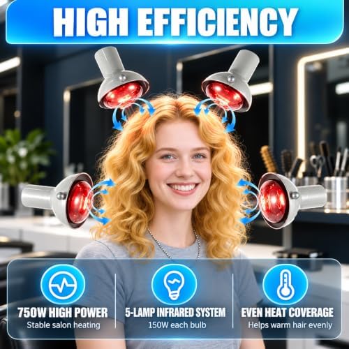 750W Standing Hooded Hair Dryer with 5 Infrared Lamps, Adjustable Height Salon Hair Steamer with Rolling Base, Stand Up Hair Dryer for Perming, Coloring, Conditioning & Hair Styling, 110V - Image 2