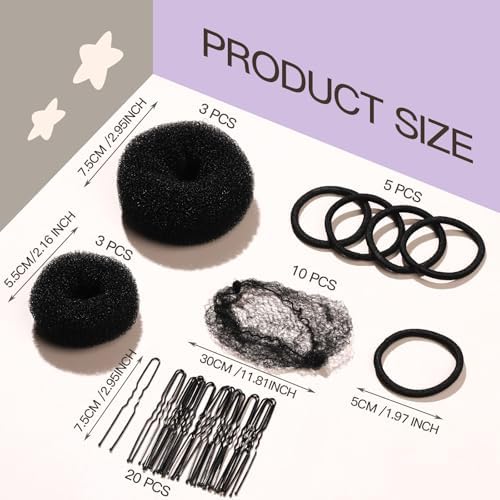 FANDAMEI 6 PCS Hair Bun Makers for Kids, 10 Invisible Bun Nets for Ballet Girls, 3PCS Extra Small 3PCS Small Donut Buns for Hair Kids, Bun Makers Hair Nets for Buns with 5 Elastics 20 Pins (Black) - Image 2