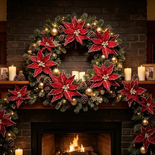 Kimura's Cabin 6Pcs Artificial Poinsettia Christmas Flowers Set,Burgundy - Image 4