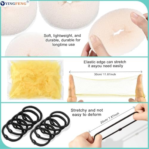 YINGFENG 134 Pcs Beige Hair Bun Maker Kit Medium - 4 Bun Hair Pieces for Women, 20 Hair Net for Buns, 100 Bobby Pins for Women, 10 Hair Bands, for Ballet Styling, Hair Accessories for Girls - Image 7