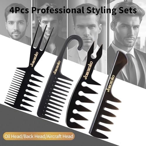 Wide Tooth Comb Set for Men - 4 Pcs Professional Barber Combs with Anti-Static Design, Reduce Hair Pulling for Curly Thick Hair, Textured ABS Black Combs for Travel Salon Home Grooming - Image 5
