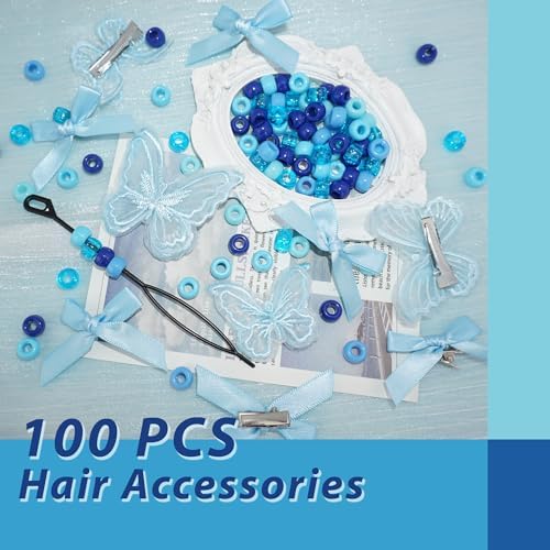 100PCS Hair Beads 2 Sizes Lace Butterfly Hair Clips Mini Hair Bows Hair Beading Tool Set Blue Cute Bow Barrettes Quick Braid Beaders for Kids and Girls - Image 3