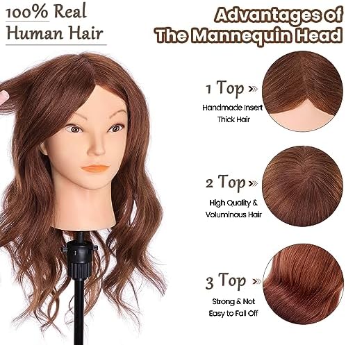 MYSWEETY Mannequin Head with Hair, Doll Head for Hair Styling, Manikin Head with 100% Human Hair Cosmetology Makeup Hairdressing Training Head with Clamp Holder and Tools(18" Auburn, Makeup) - Image 2