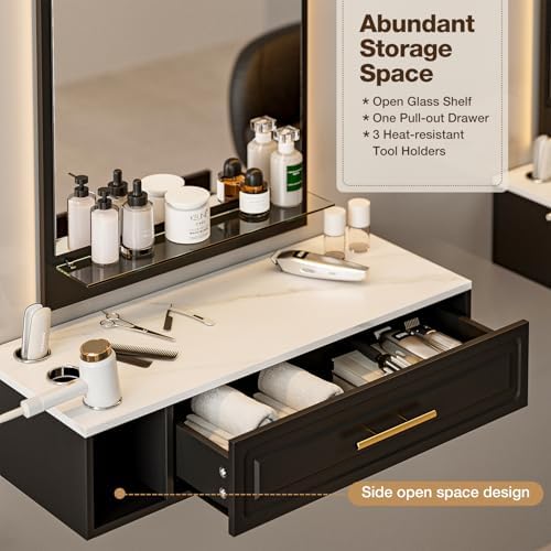 Wall Mount Salon Station with Mirror, Wall Mount Styling Station w/One Drawer, 3 Hair Dryer Holders & Glass Shelf, Beauty Barber Spa Equipment for Hair Stylist(Black) - Image 4