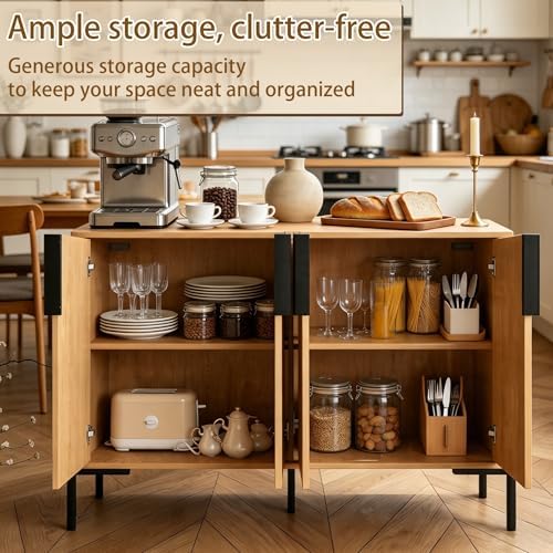 4 Doors Sideboard Buffet Cabinet with Adjustable Shelves, Modern Accent Sideboard with Golden Legs, Wide Storage Cabinet for Kitchen, LivingRoom,Natural - Image 5