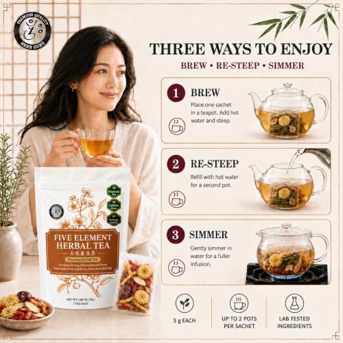 Herb Guru Herbal Tea, Five Element Ginseng & Goji, 5 Bags (50 Cups) - Image 7