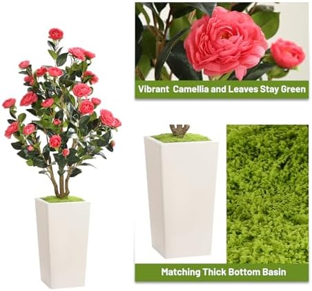 Romantic Season 4FT Artificial Camellia Tree with White Tall Planter, Pink Faux Camellia Plant Flower Tree for Modern Home Office Living Room Floor Décor Outdoor Indoor，Pink - Image 2