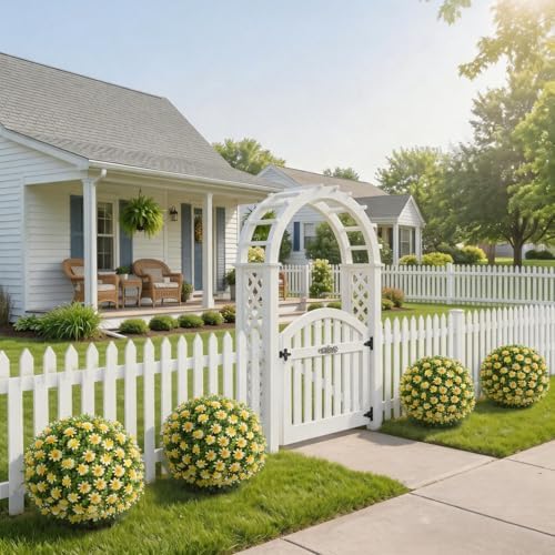 Artificial Yellow Boxwood Topiary Ball Tree with Ground Spike, Set of 2 Fake Fall Boxwood Bushes Shrubs Outdoor, UV Resistant Faux Greenery Trees Ball for Outdoor Front Porch Garden Decor - Image 3