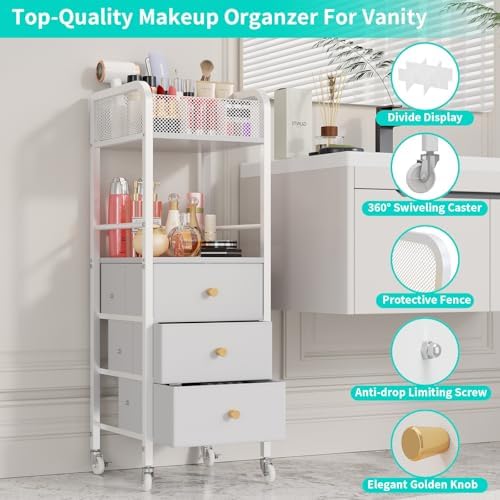 HapiRm Rolling Makeup Cart Organizer - Floor Skincare Make Up Storage with 3 Non-woven Fabric Drawers, Vanity Organizer Cosmetic Display Cases Holder for Skin Care Perfume Nail Polish Brush Hair Tool - Image 6