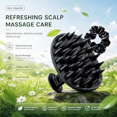 Scalp Massager Shampoo Brush Scrubber with Satin Scrunchie - Image 4