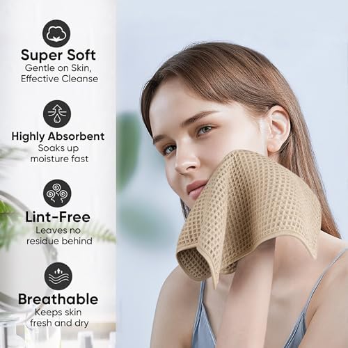 Microfiber Waffle Face Towels, 4 Pieces, Soft, Absorbent, Fast Drying, Lint Free 430 GSM (Beige) - Image 4