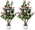 2 Pack Artificial Camellia Tree with White Pot, 38" Faux Potted Plants for Indoor Outdoor Decor, Tall Silk Greenery Plant for Home Offce Living Room Balcony, Pink by Jcezvnt